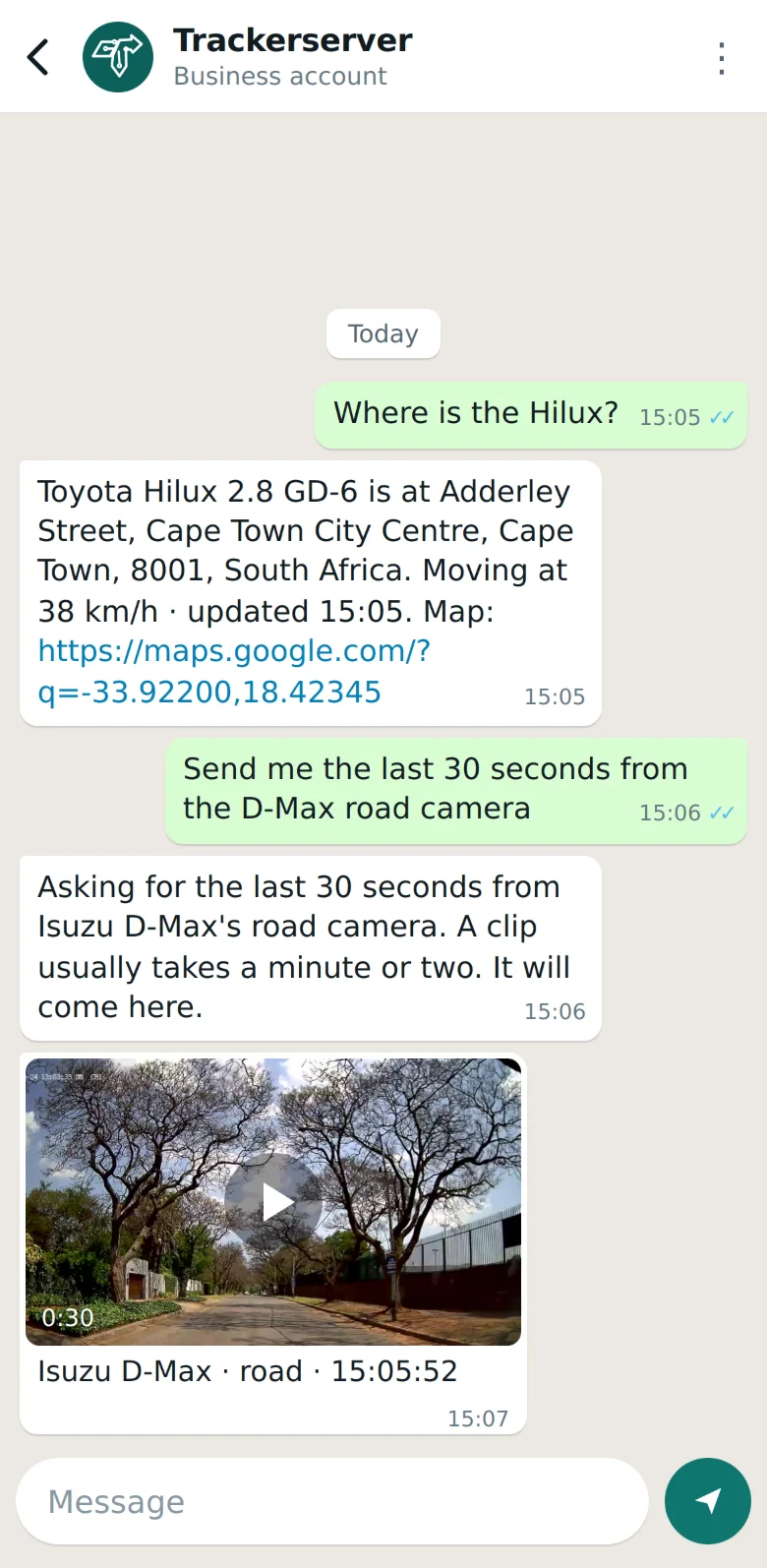 Trackerserver — asking where a bakkie is, and for a dashcam clip, on WhatsApp