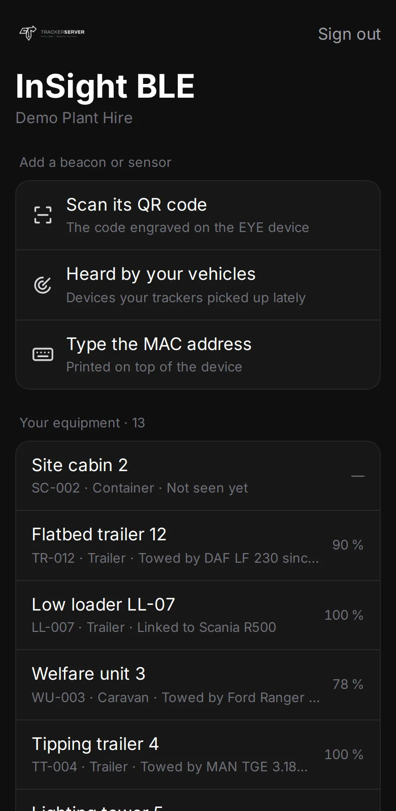 Trackerserver — the InSight BLE linking app on a phone