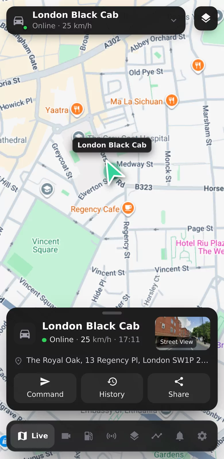 Trackerserver — the fleet app's live map and vehicle