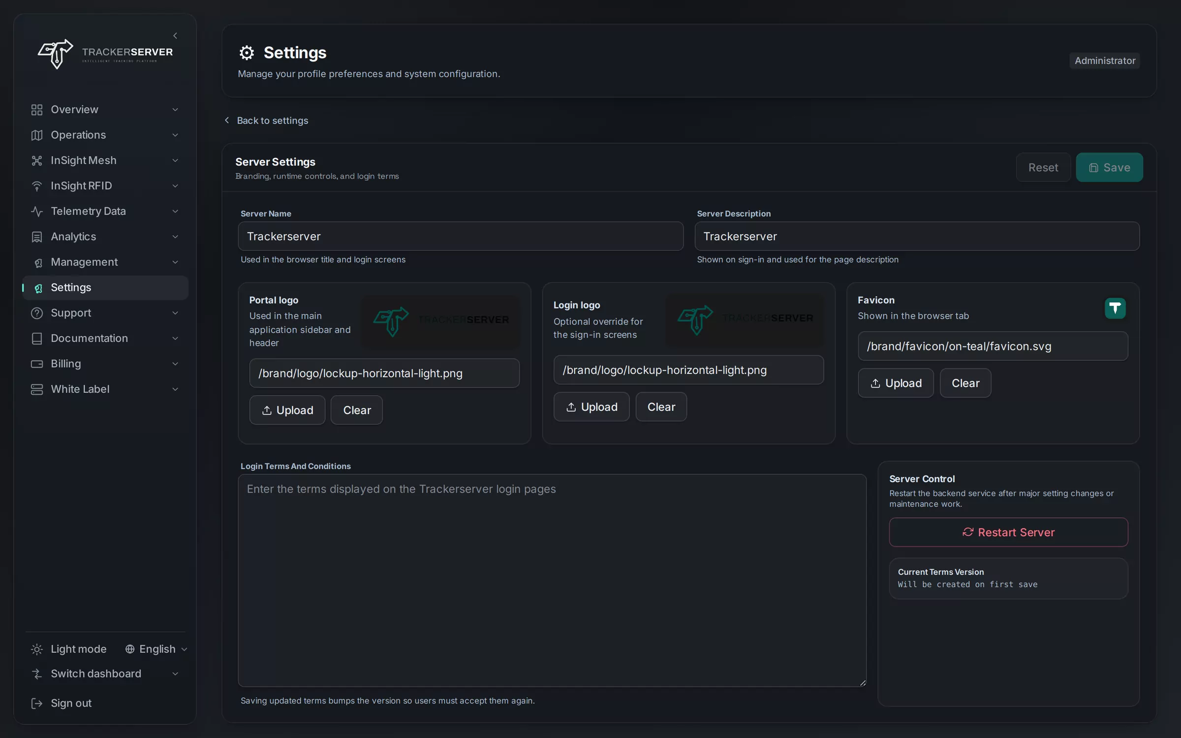 Trackerserver — branding settings: server name, logos and favicon
