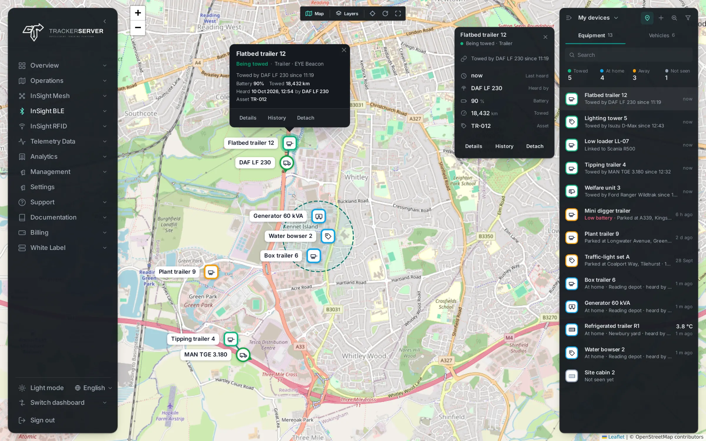 Trackerserver — InSight BLE, the live map with a trailer being towed