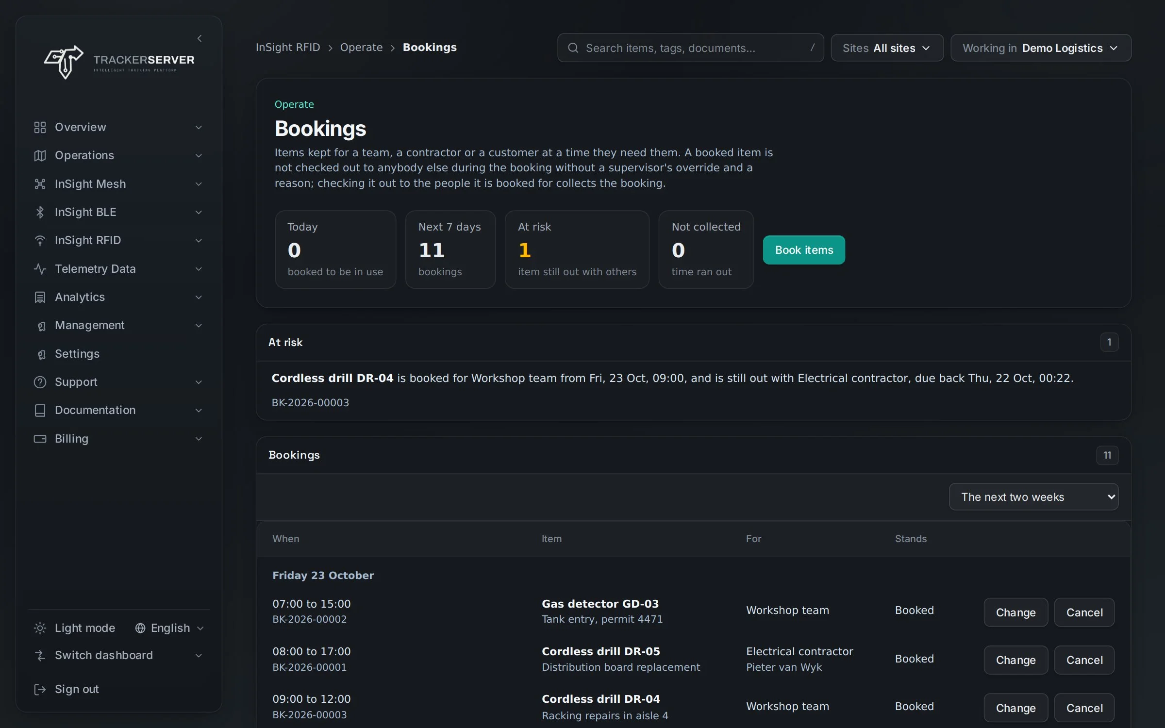 Trackerserver — InSight RFID, bookings for the next two weeks